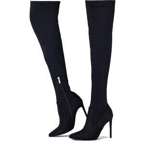 Women Black Neoprene Suede Pointed Toe 4.3 inch Stilettos Thigh High Heels Boots